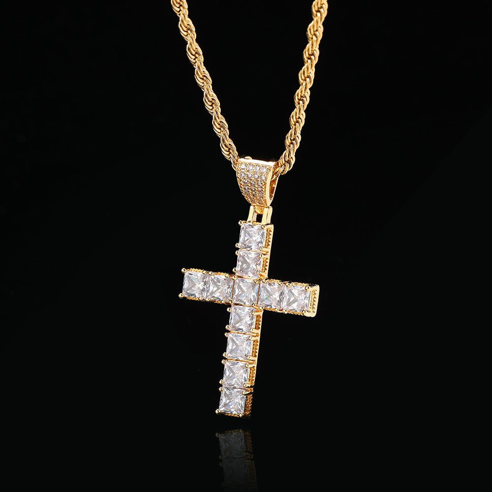 SQUARE ZIRCON CROSS PENDANT IN WHITE GOLD AND YELLOW GOLD