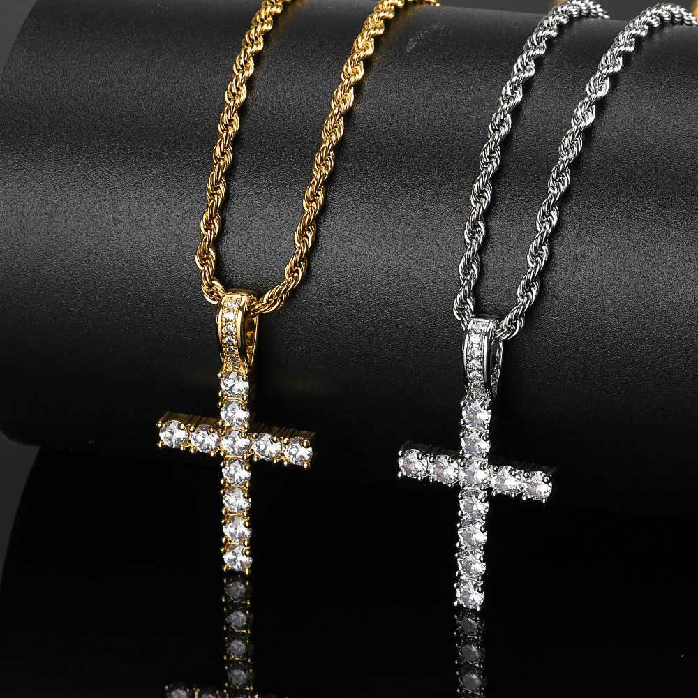 ICED CROSS PENDANT IN WHITE GOLD AND YELLOW GOLD