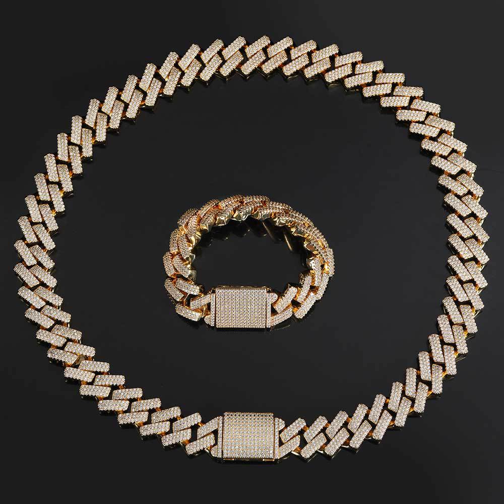 18mm Iced Prong Cuban Chain and Bracelet Set in  Yellow Gold