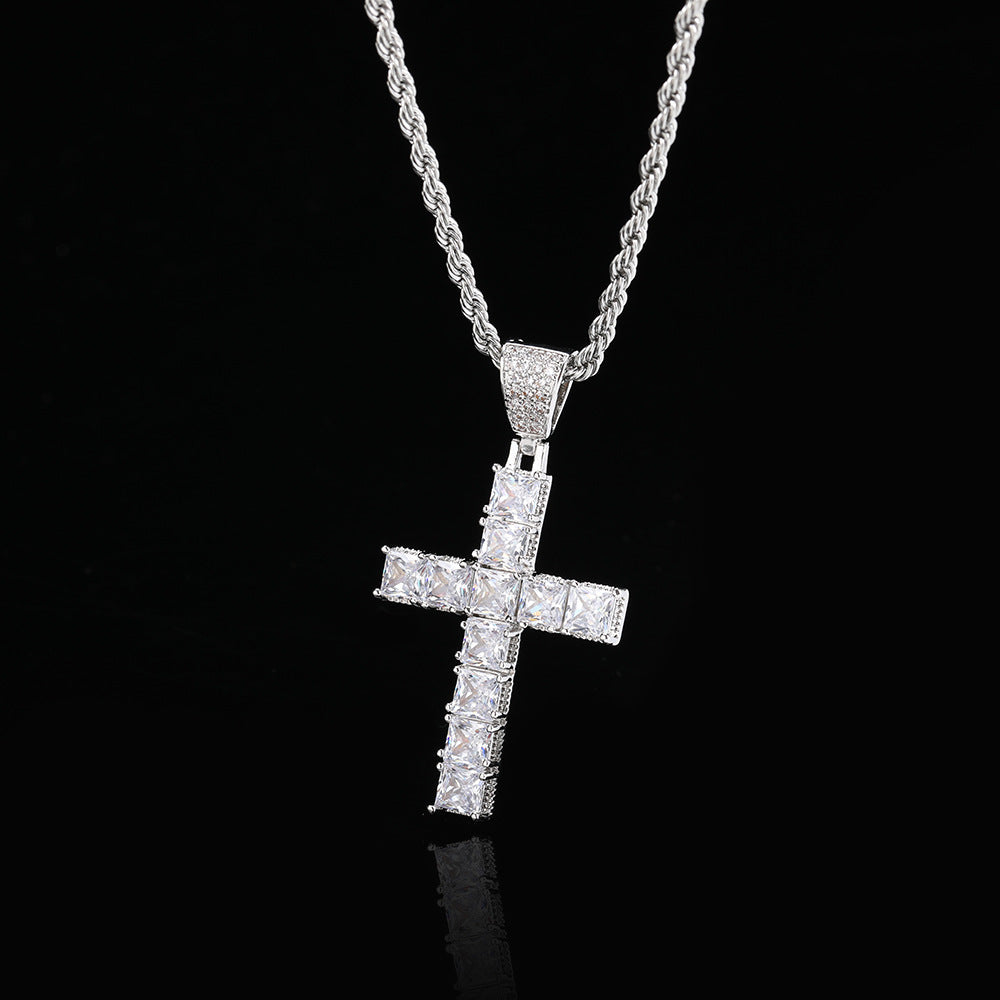 SQUARE ZIRCON CROSS PENDANT IN WHITE GOLD AND YELLOW GOLD