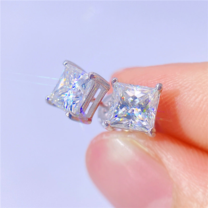 S925 STERLING SILVER MOISSAN SQUARE EARRINGS