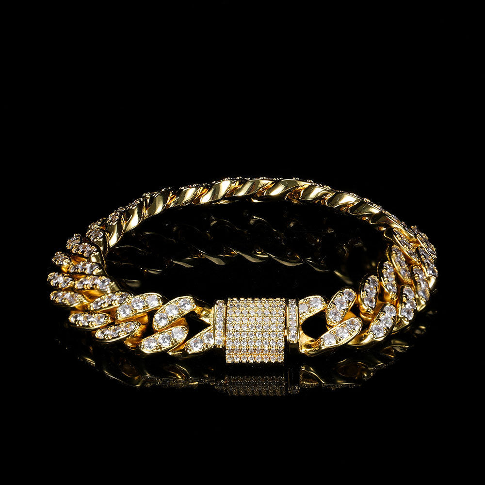 12MM SINGLE ROW ZIRCON CUBAN LINK BRACELET IN BLACK GOLD AND YELLOW GOLD