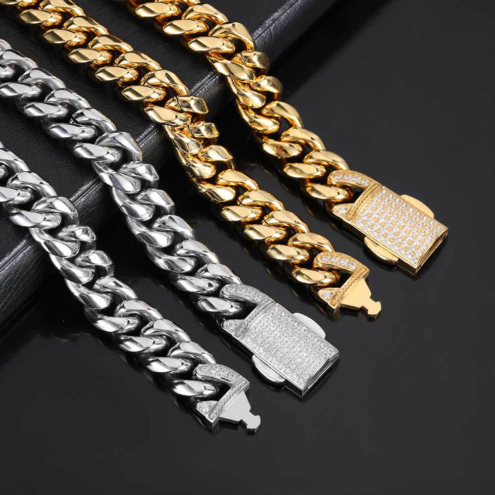 12MM MIAMI FULL DRILL SPRING BUCKLE CUBAN LINK CHAIN