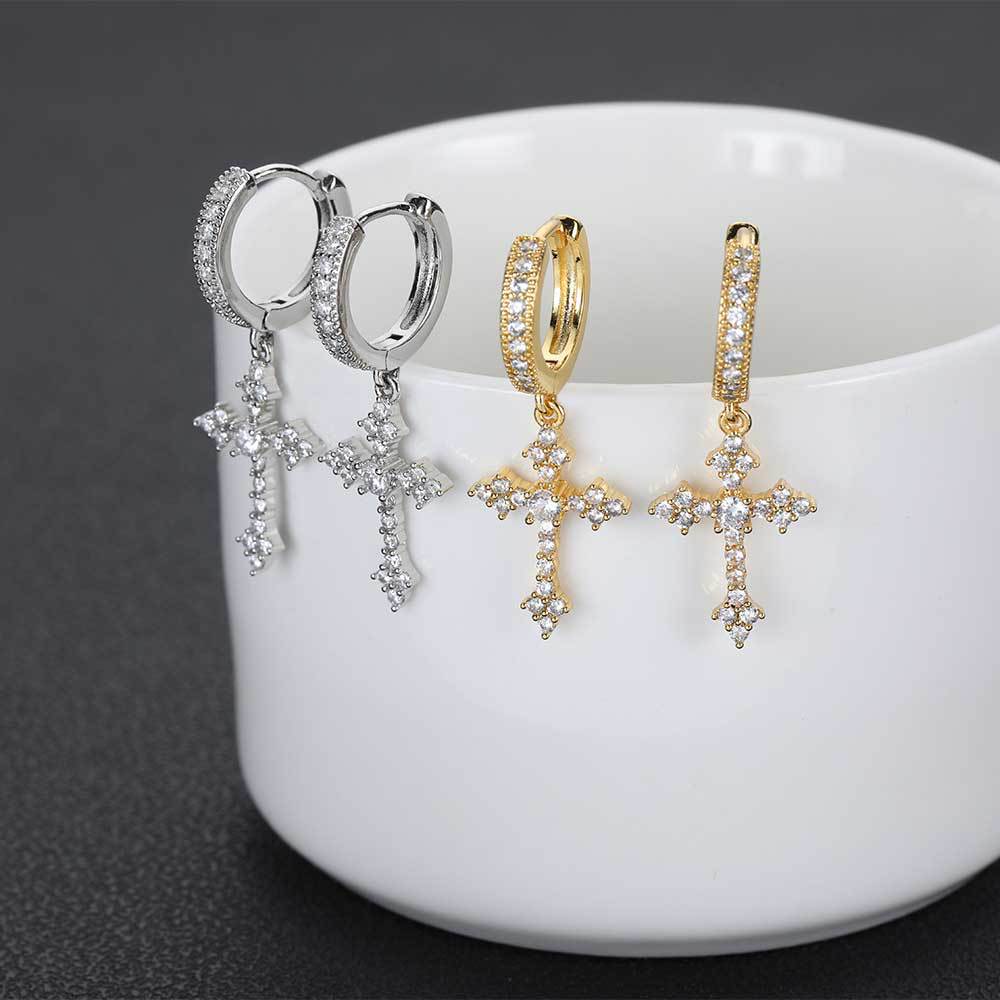 ICED CROSS DANGLE HOOP EARRINGS