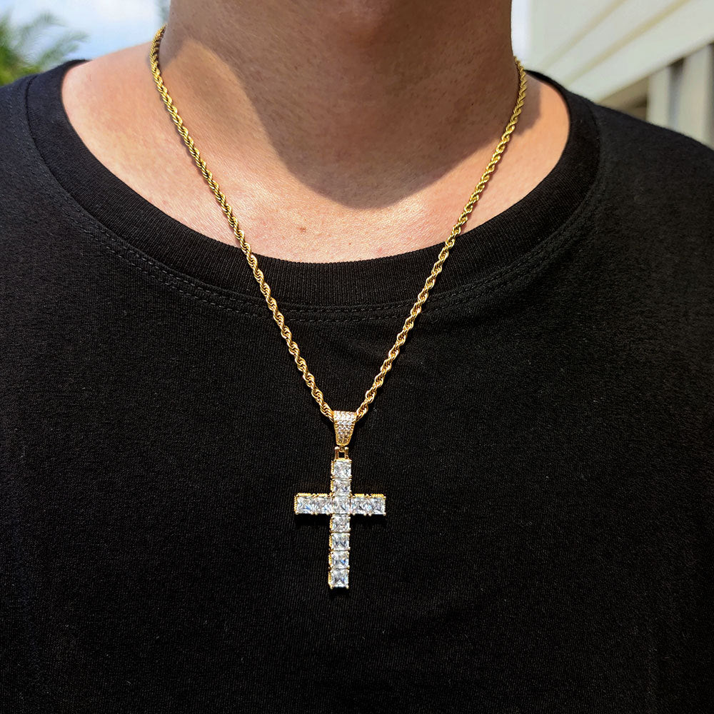 SQUARE ZIRCON CROSS PENDANT IN WHITE GOLD AND YELLOW GOLD