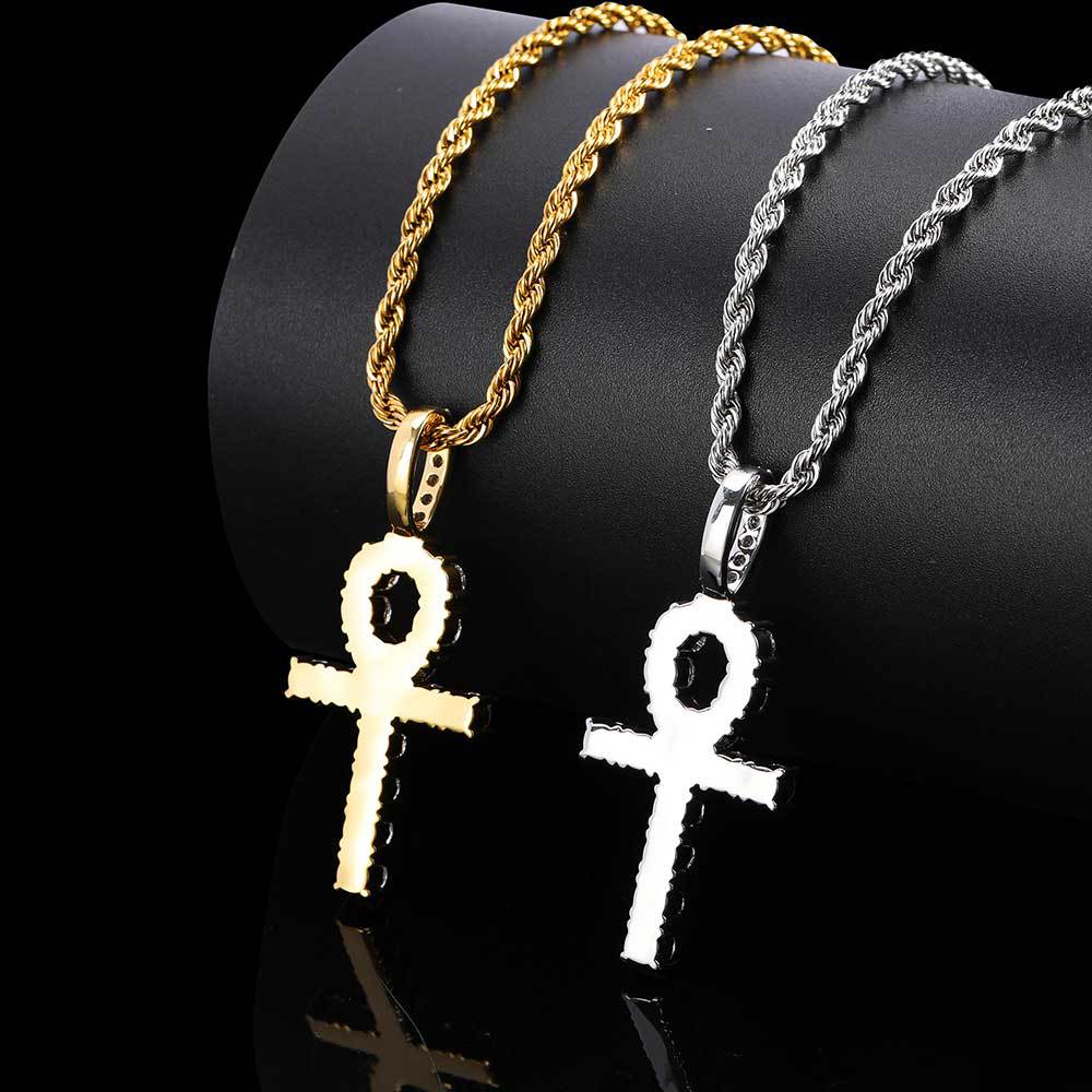 ICED ANKH PENDANT IN WHITE GOLD AND YELLOW GOLD