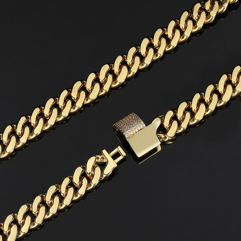 12MM SINGLE ROW ZIRCON CUBAN LINK BRACELET IN BLACK GOLD AND YELLOW GOLD