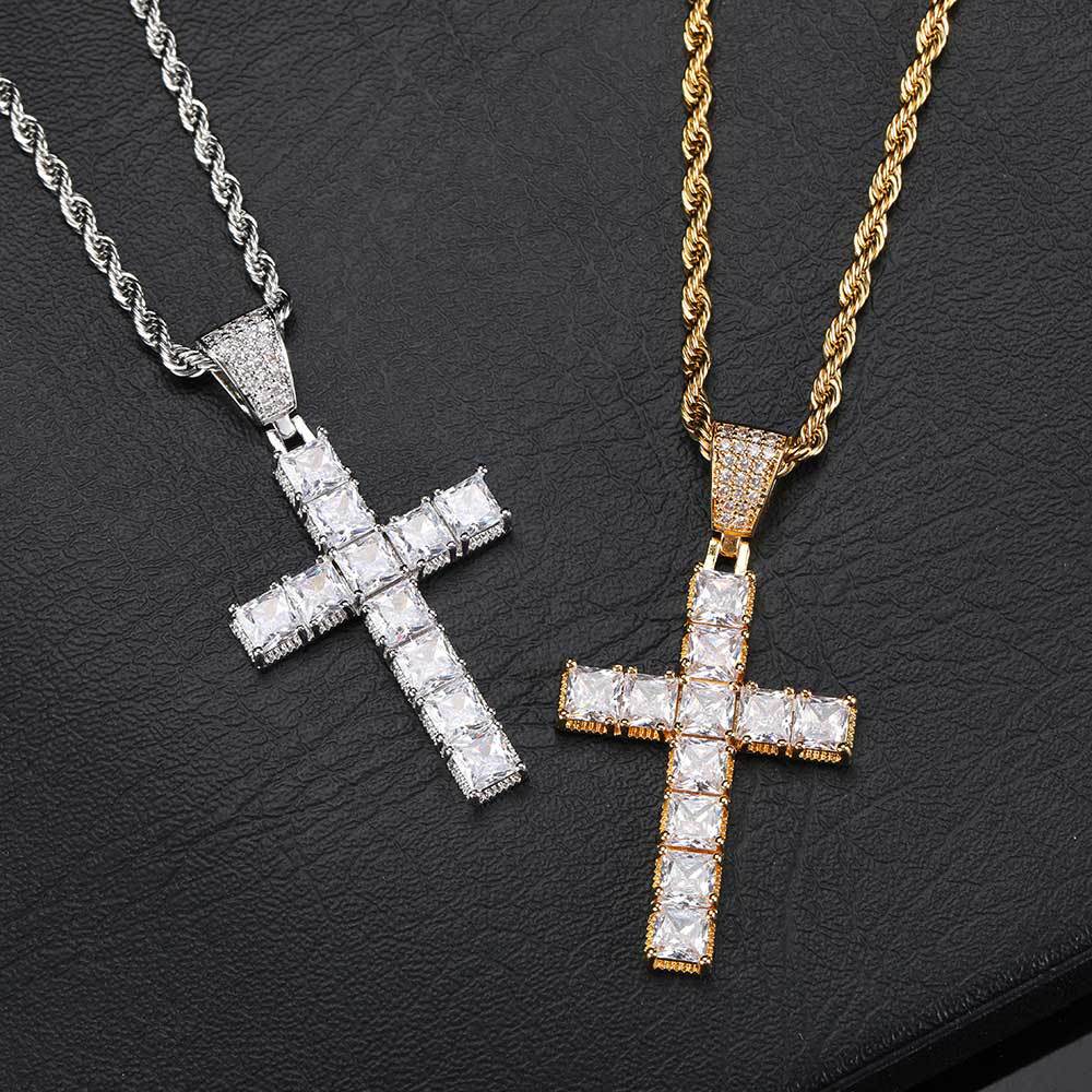 SQUARE ZIRCON CROSS PENDANT IN WHITE GOLD AND YELLOW GOLD