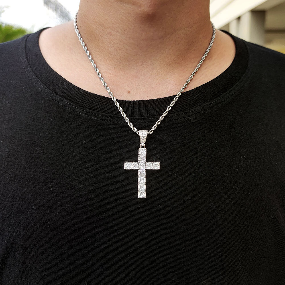 SQUARE ZIRCON CROSS PENDANT IN WHITE GOLD AND YELLOW GOLD